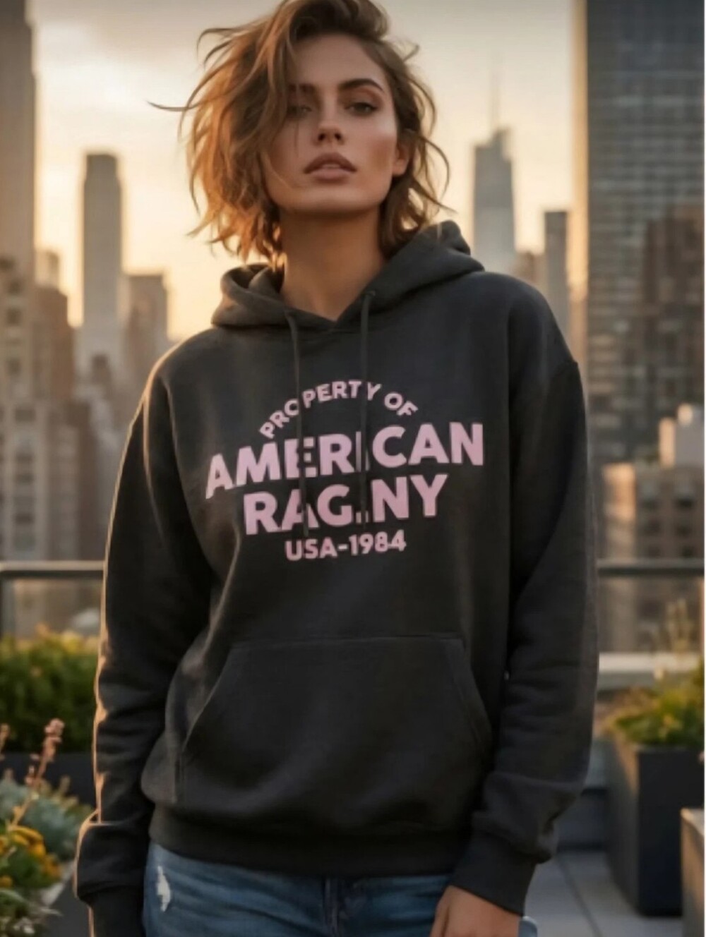 American Rag Hoodie Sweatshirt Varsity Gray Pink Property American Rag Boxy M